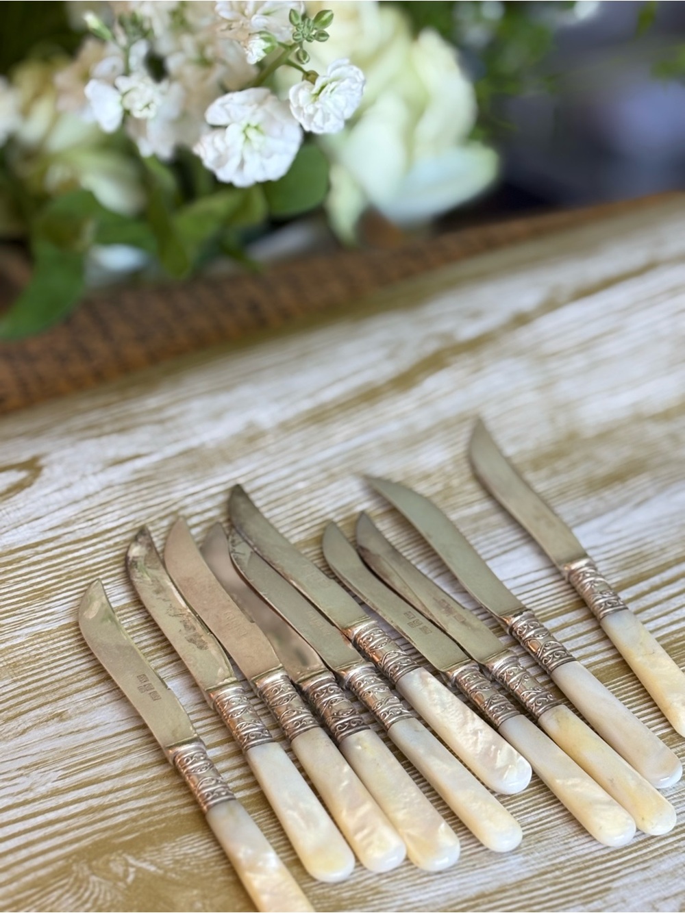 Set of 10 Vintage Nacre-of-Pearl Handle Butter Knives/Fruit Knives, (1900 era)